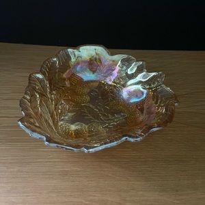 Vintage Carnival Glass Iridescent Yellow Gold Bowl With Grapes and Leaves